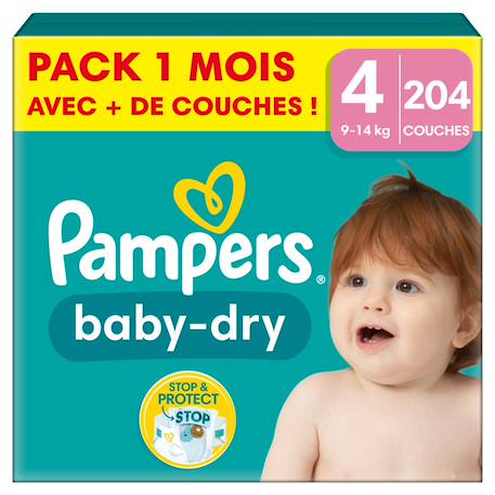 Pampers - 204 Couches Baby-dry, Taille 4, 9-14 Kg Blanc