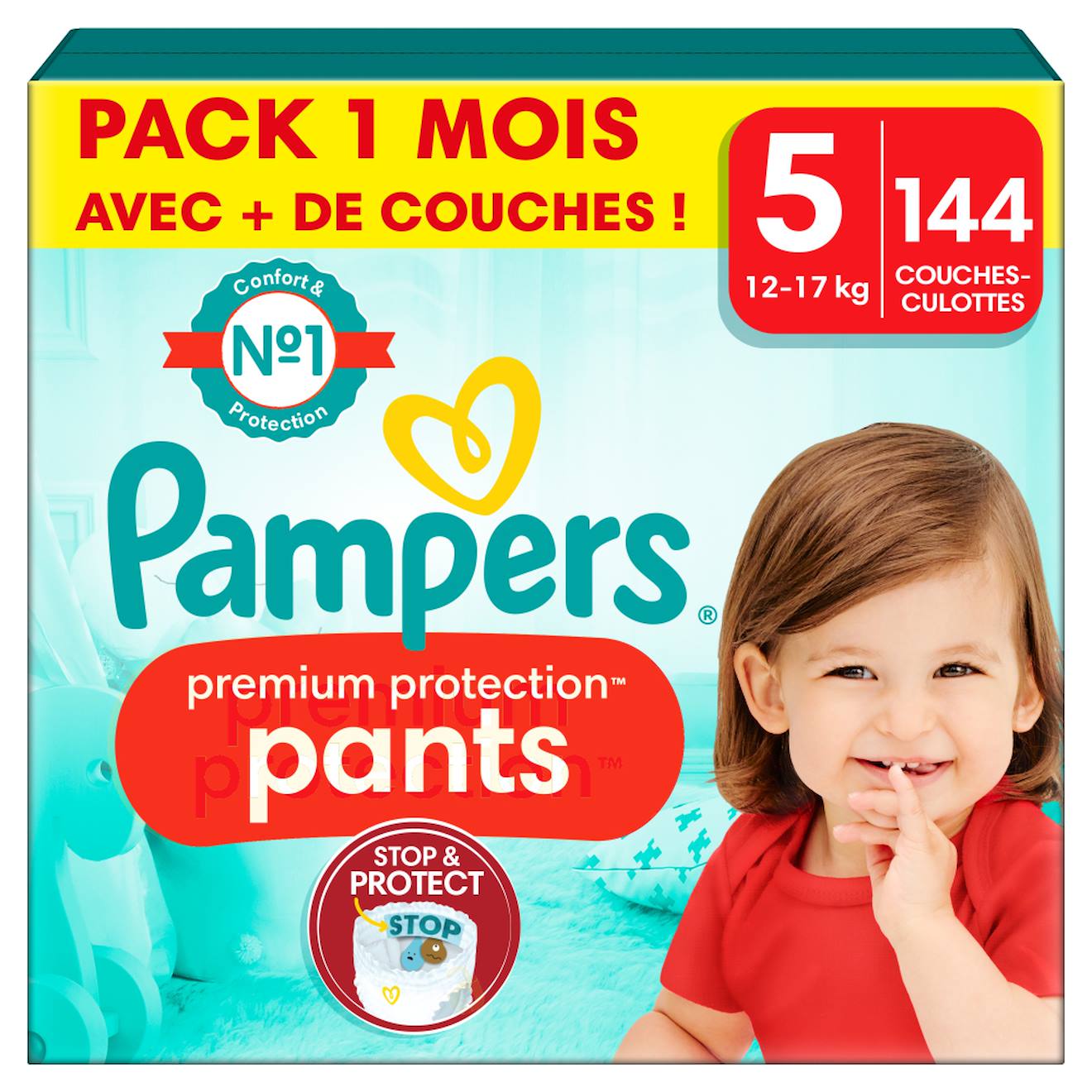 144 Couches-culottes Premium Protection, Taille 5, 12-17 Kg Blanc