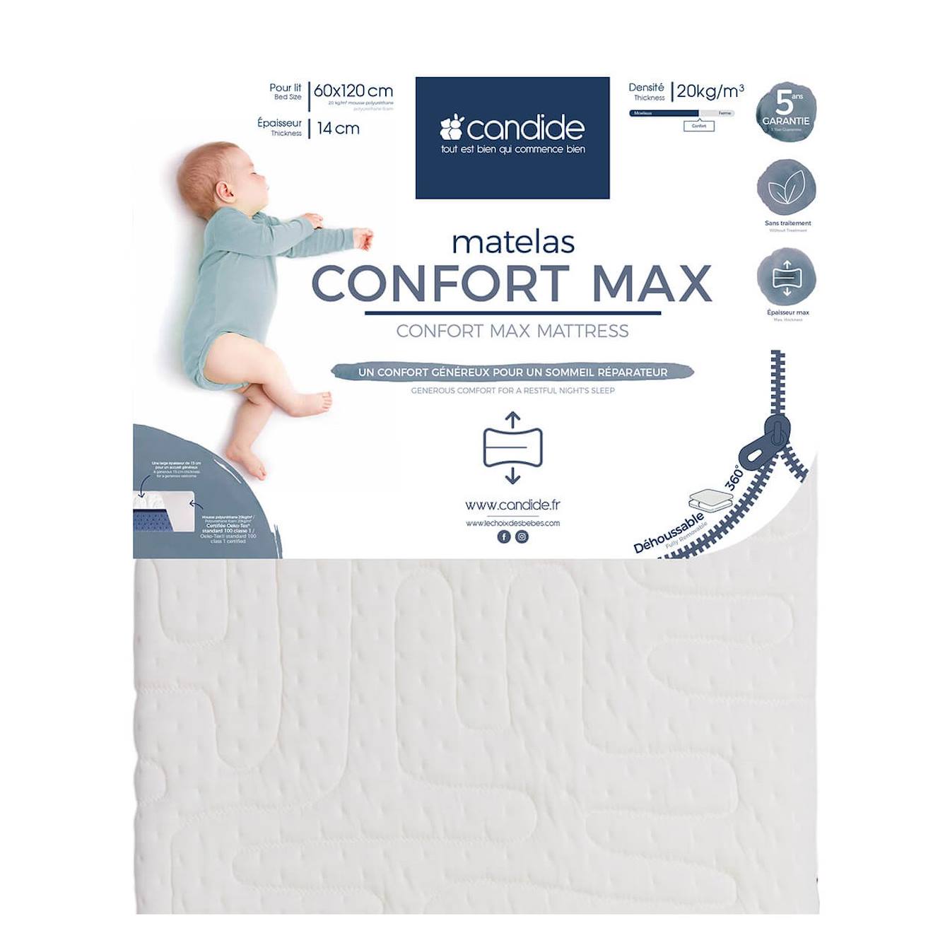 Matelas Pour Lit Bébé Confort Max - Confort Généreux - Déhoussable À 360° Blanc