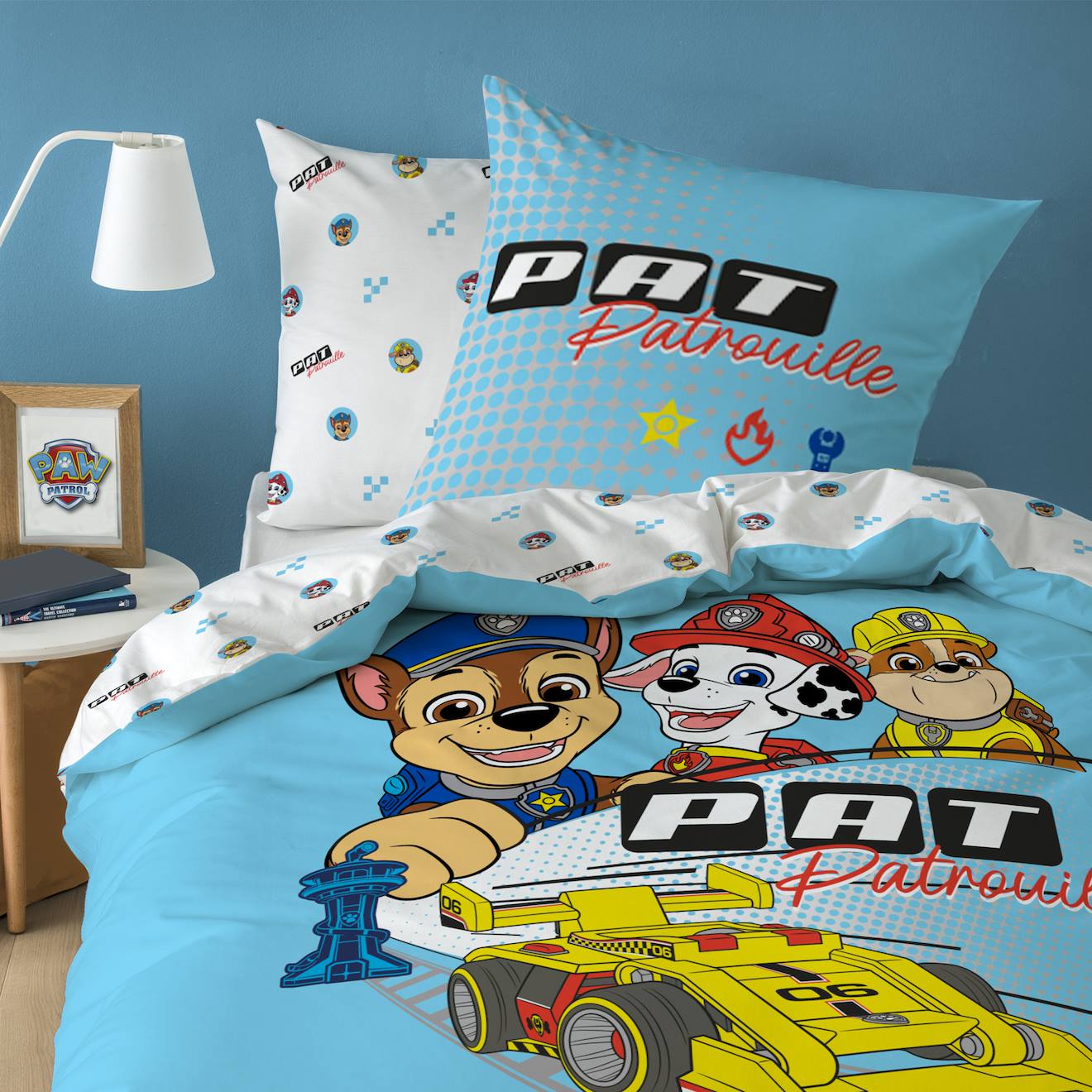 Parure De Lit Imprimée 100% Coton, Pat Patrouille Car Bleu