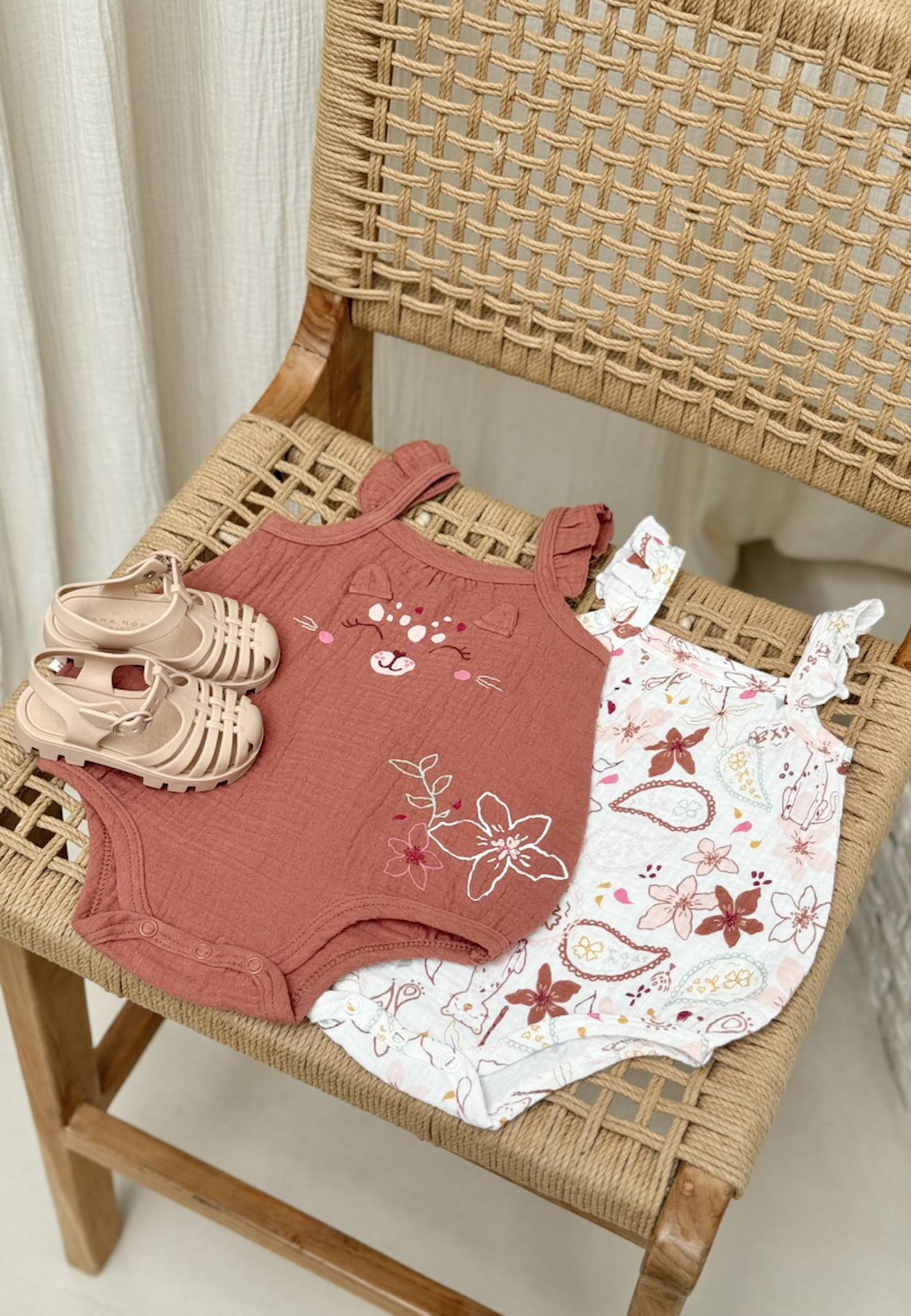 Lot De 2 Barboteuses Bloomer Bébé En Gaze De Coton Arizona Ecru