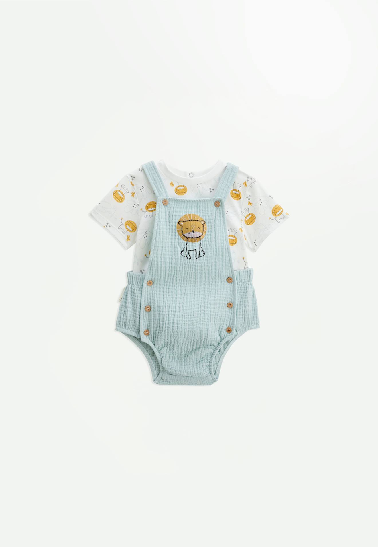 Ensemble Salopette Bébé En Gaze De Coton Et T-shirt Elio Bleu