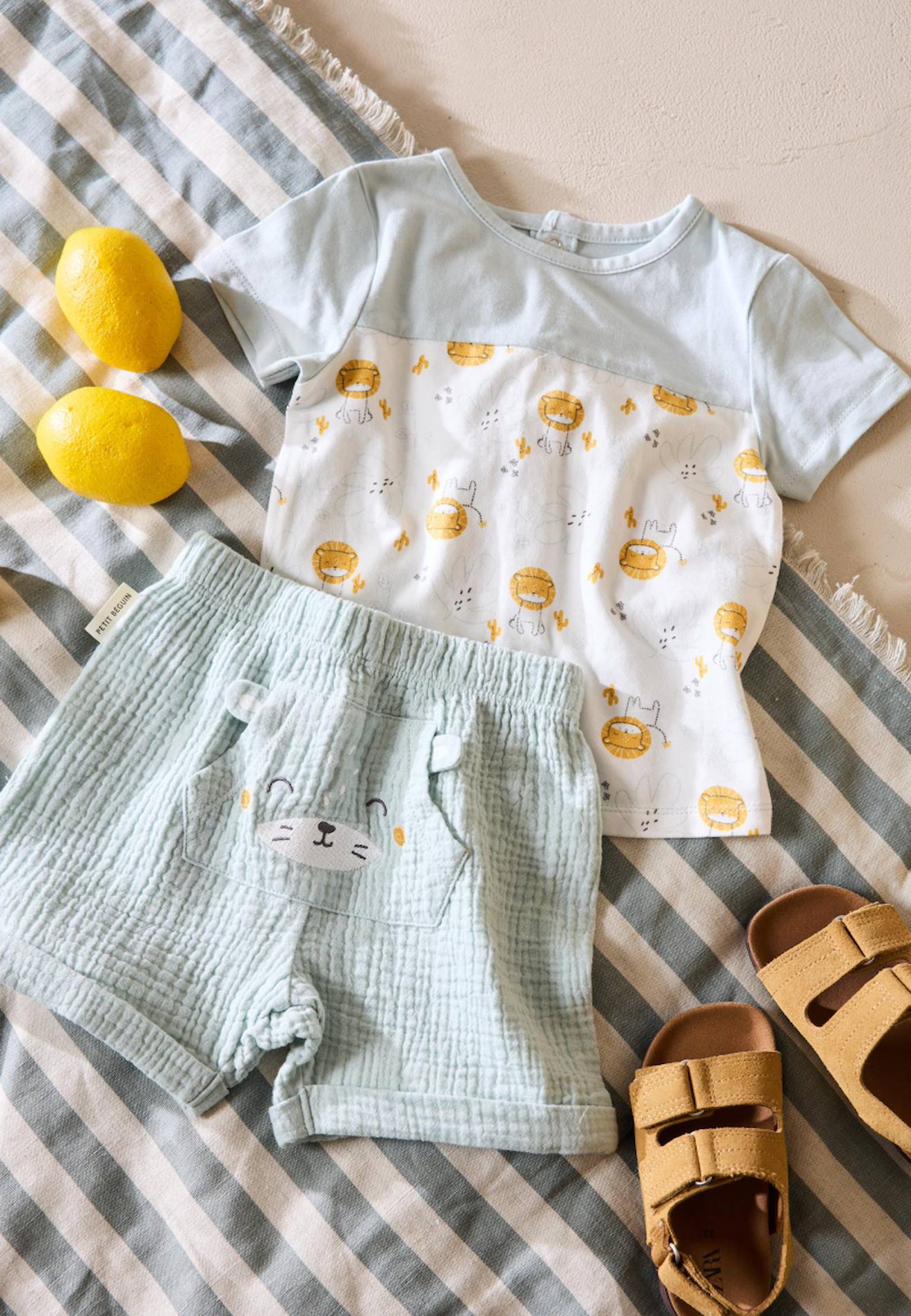 Ensemble Bébé T-shirt Et Short En Gaze De Coton Elio Bleu