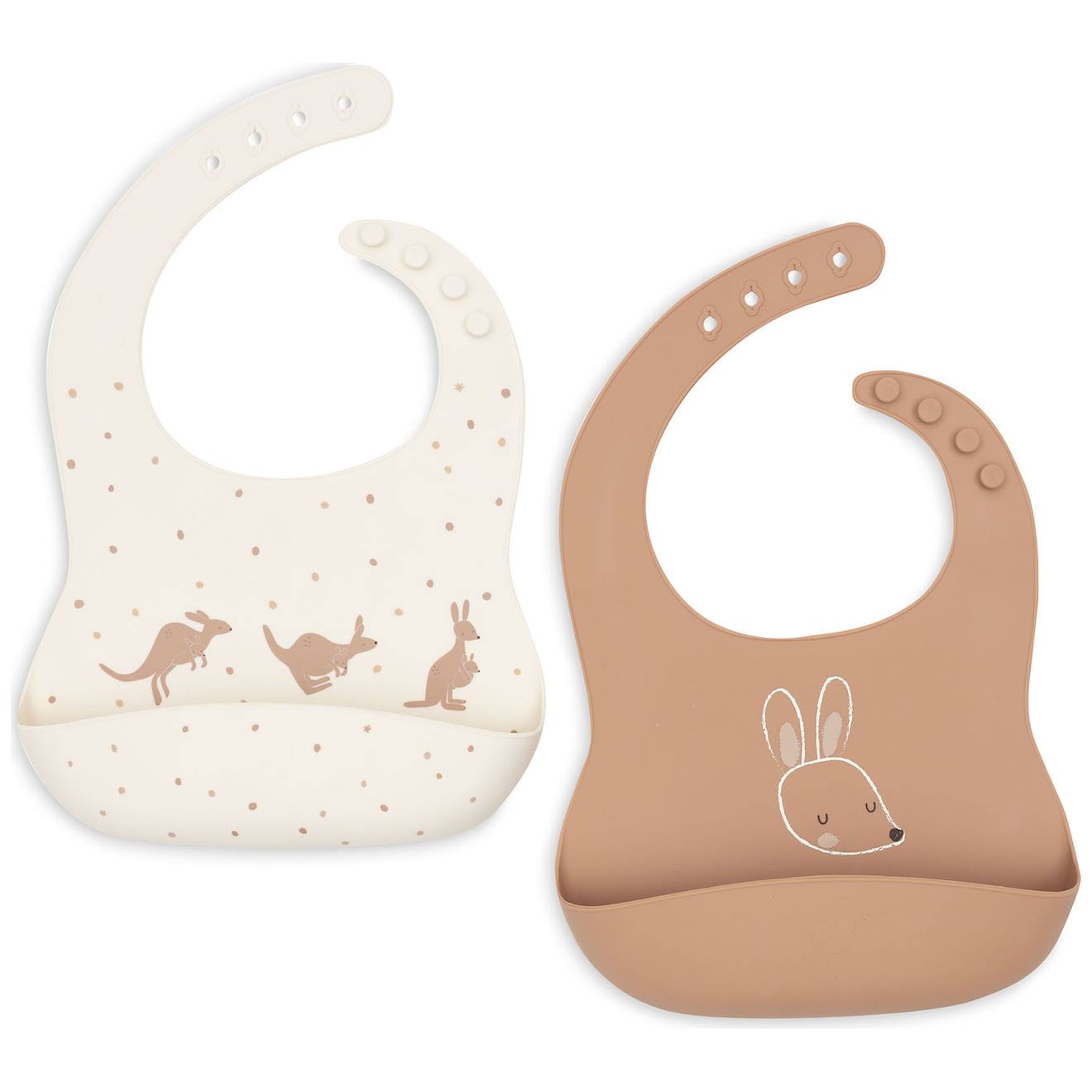 Lot De 2 Bavoirs En Silicone Kangaroots Ecru, Marron