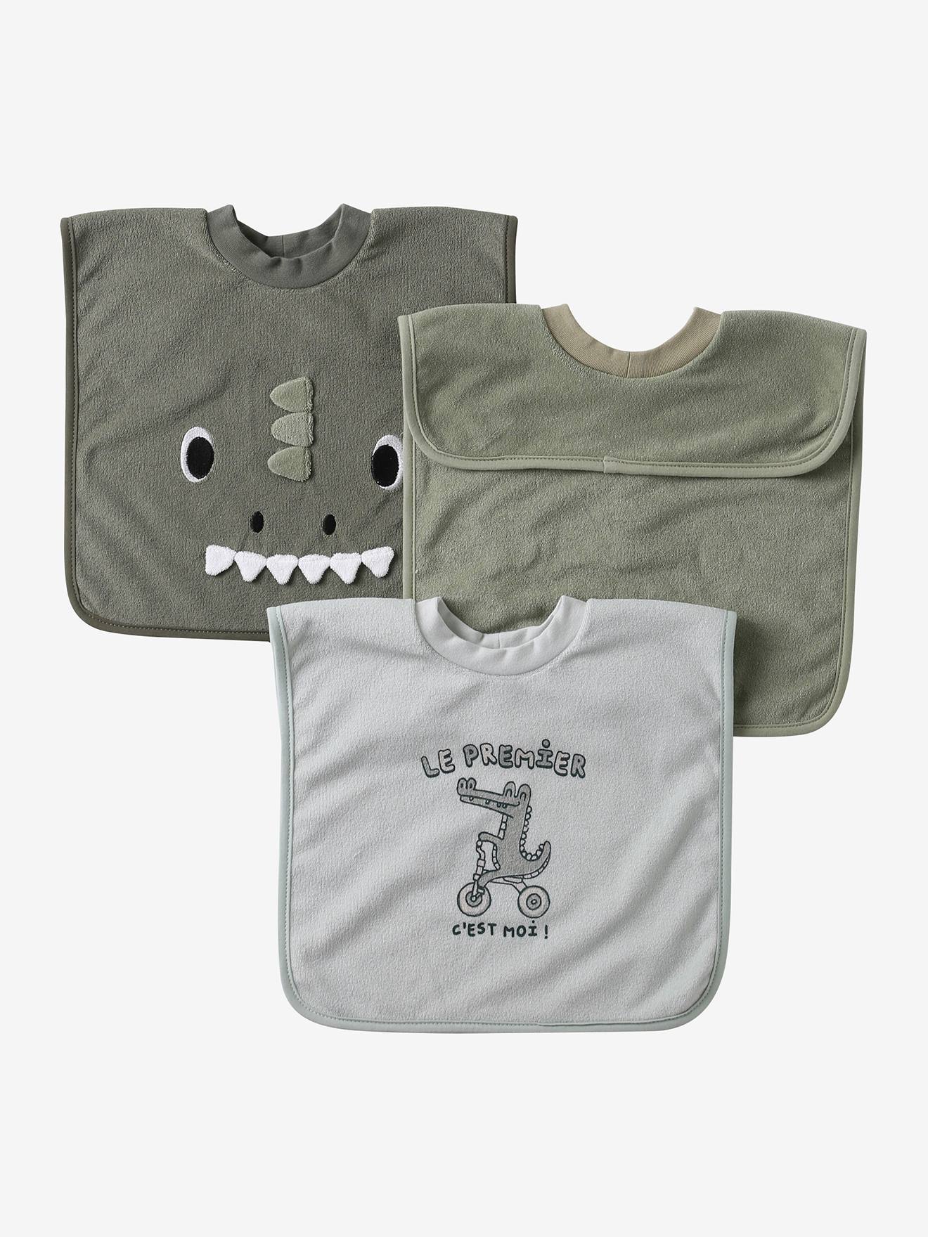 Lot de 3 bavoirs animaux à enfiler sauge