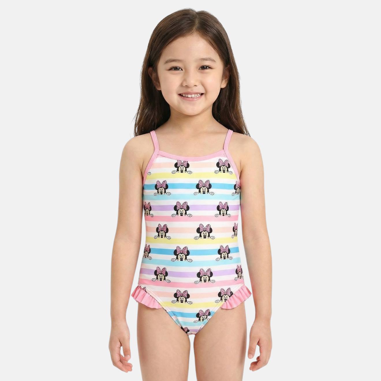 Maillot De Bain Fille 1 Pièce Rayé Multicolore Motif Personnage Minnie Rose