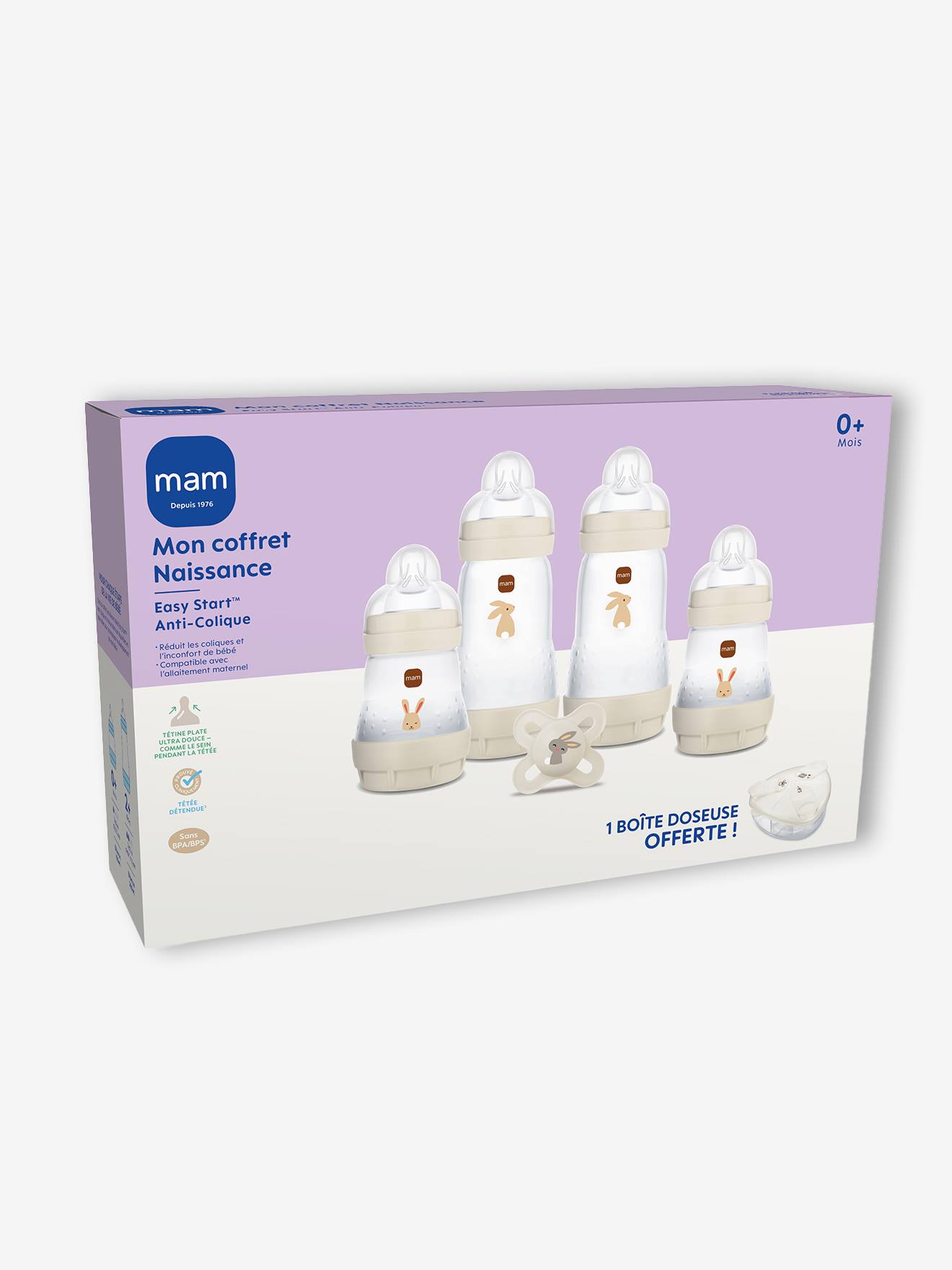 Coffret naissance biberons + sucette + boîte doseuse sable (Mam) - Image 1