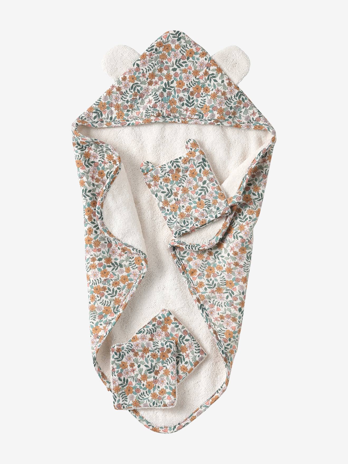 Set cape de bain + gant + lingettes poupon en gaze de coton rétro flower