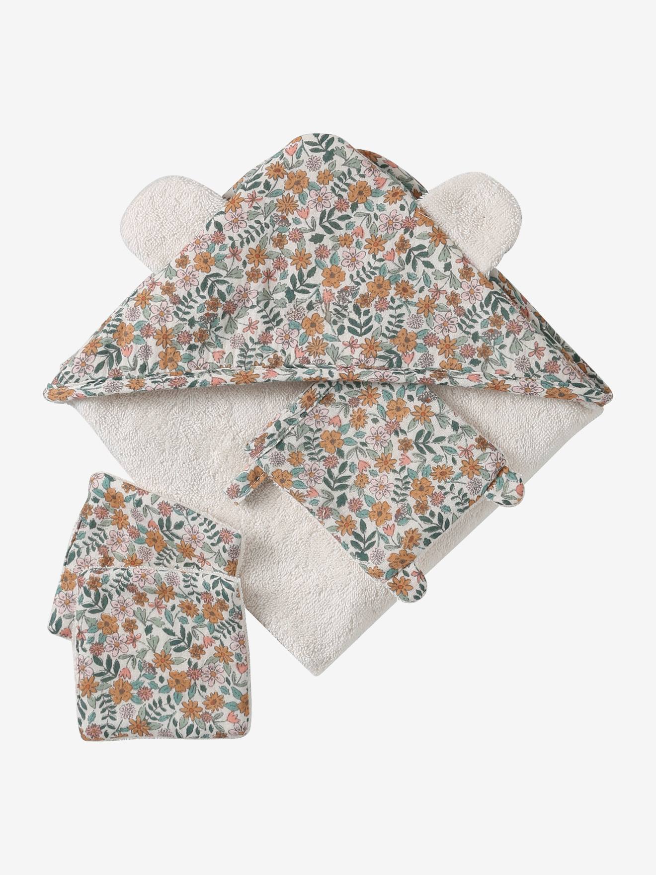 Set cape de bain + gant + lingettes poupon en gaze de coton rétro flower (Vertbaudet) - Image 1
