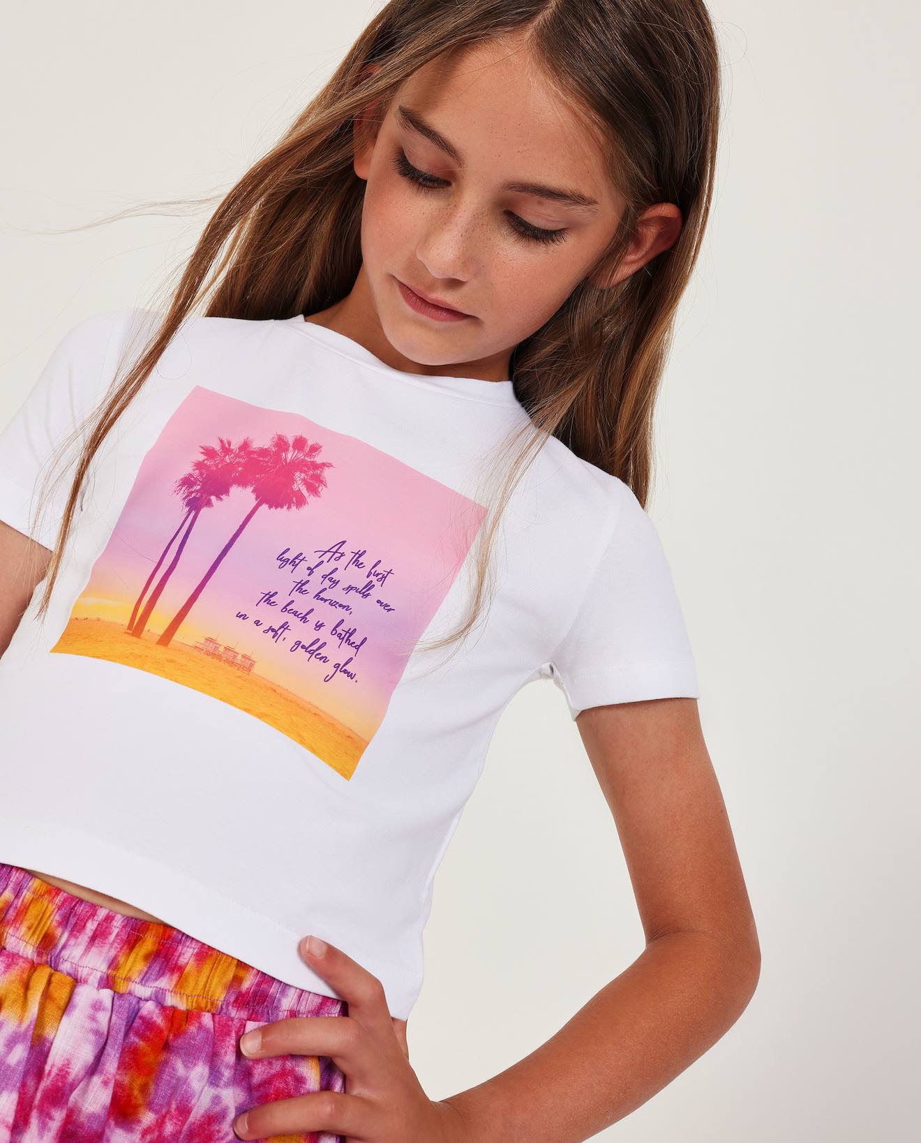T-shirt Fille En Maille Avec Illustration De Palmier Blanc