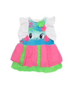 -Robe fille en tissu chaîne et trame avec fleurs en relief