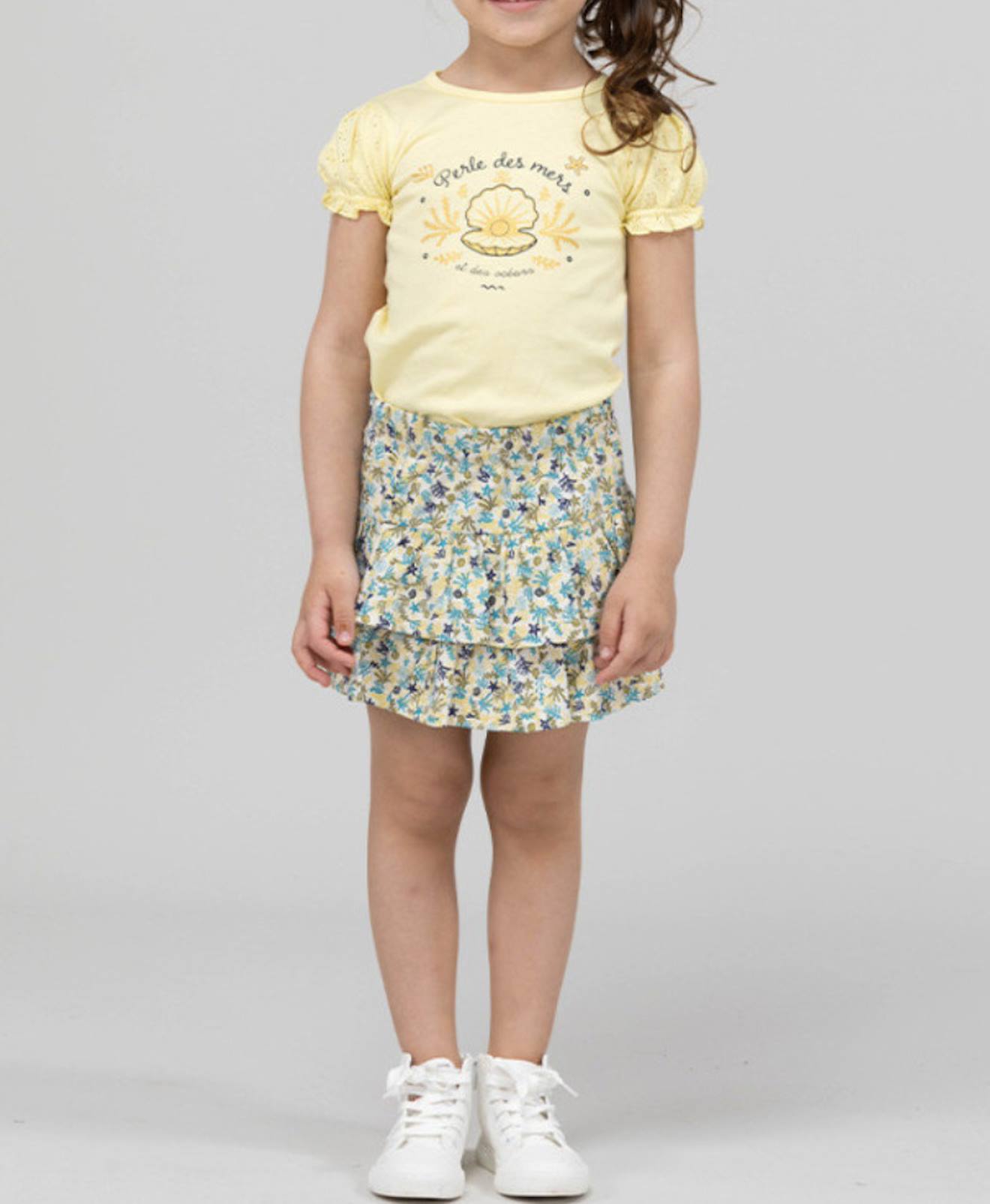 Jupe Courte 100% Coton Fille Imprime Fond Grege