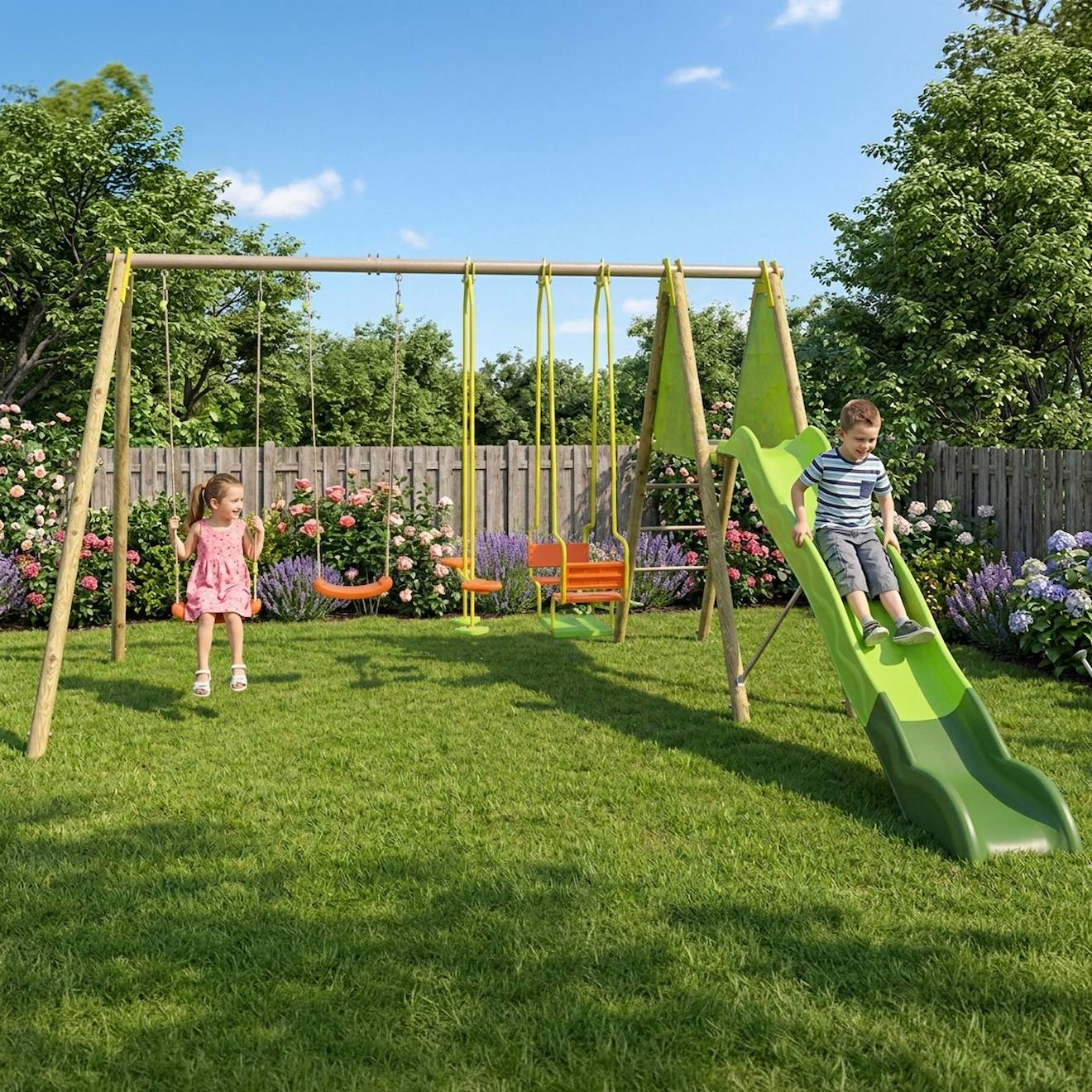 Portique Balançoire Métal Kaheco 2,30 M 8 Enfants Bois