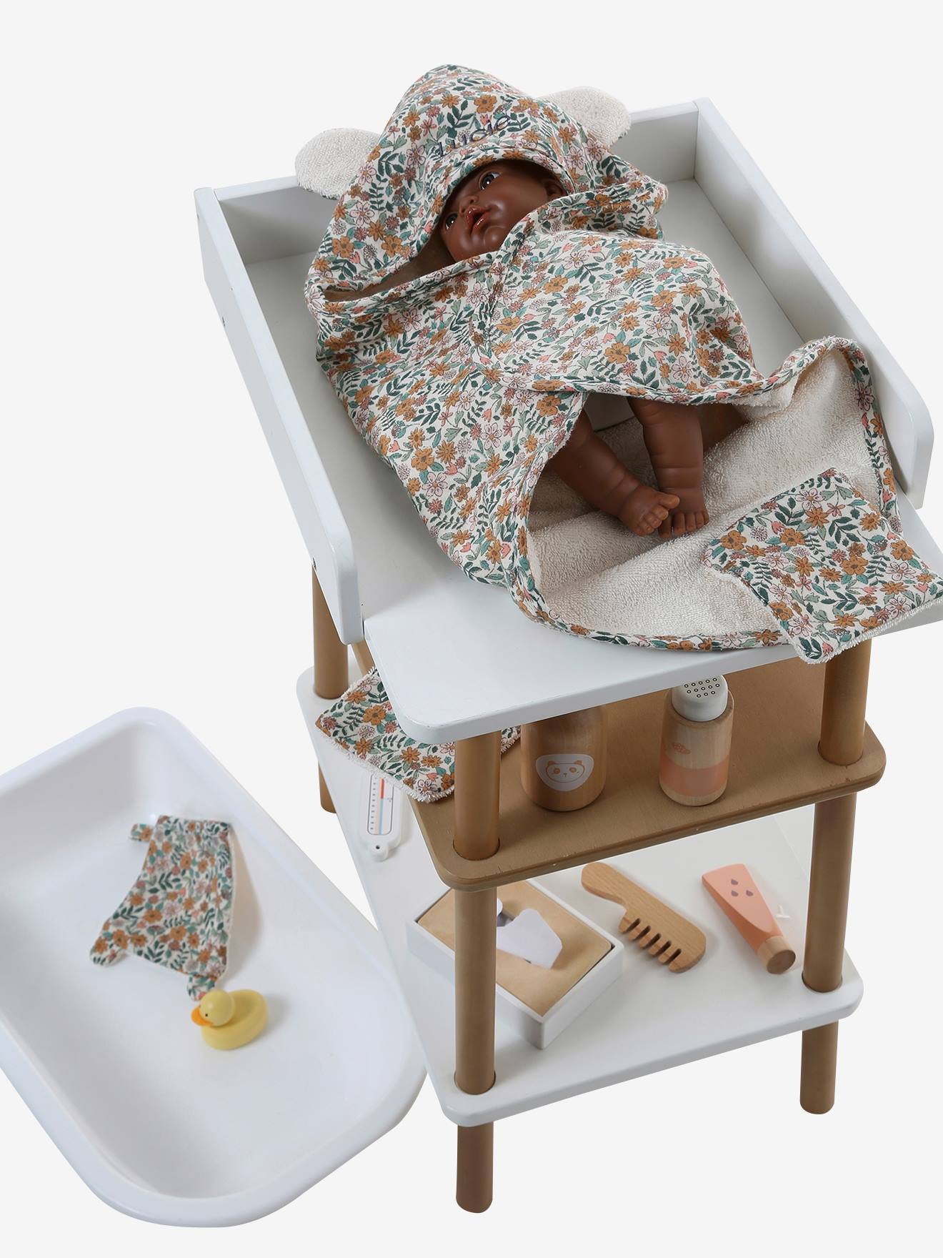 Set cape de bain + gant + lingettes poupon en gaze de coton rétro flower (Vertbaudet) - Image 2