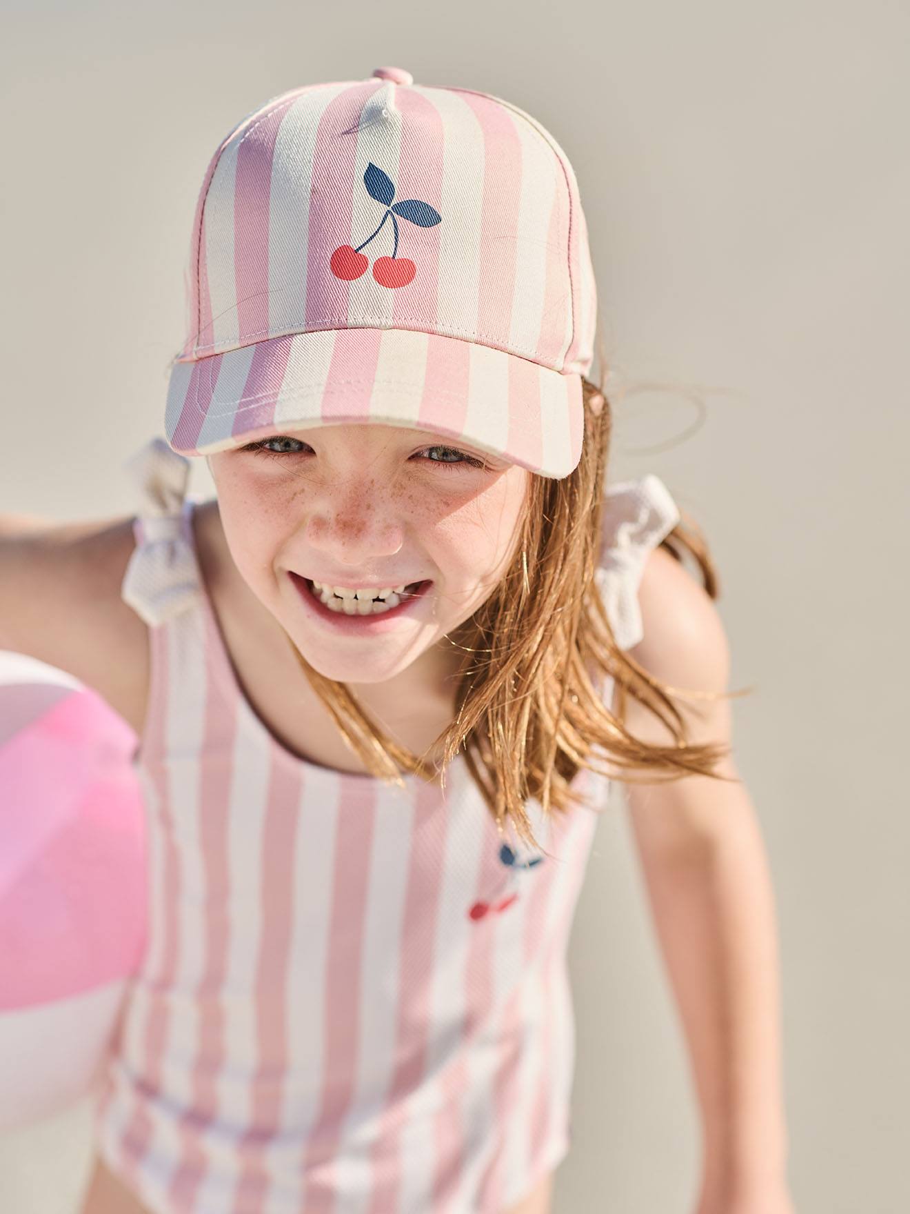 Casquette fille coton rayé rose