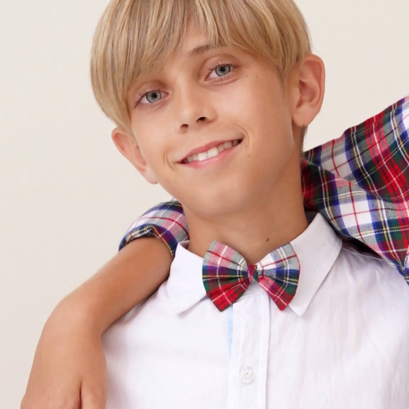 Nœud Papillon Noël Enfant Tartan Rouge Clair Tartan Blanc Vert