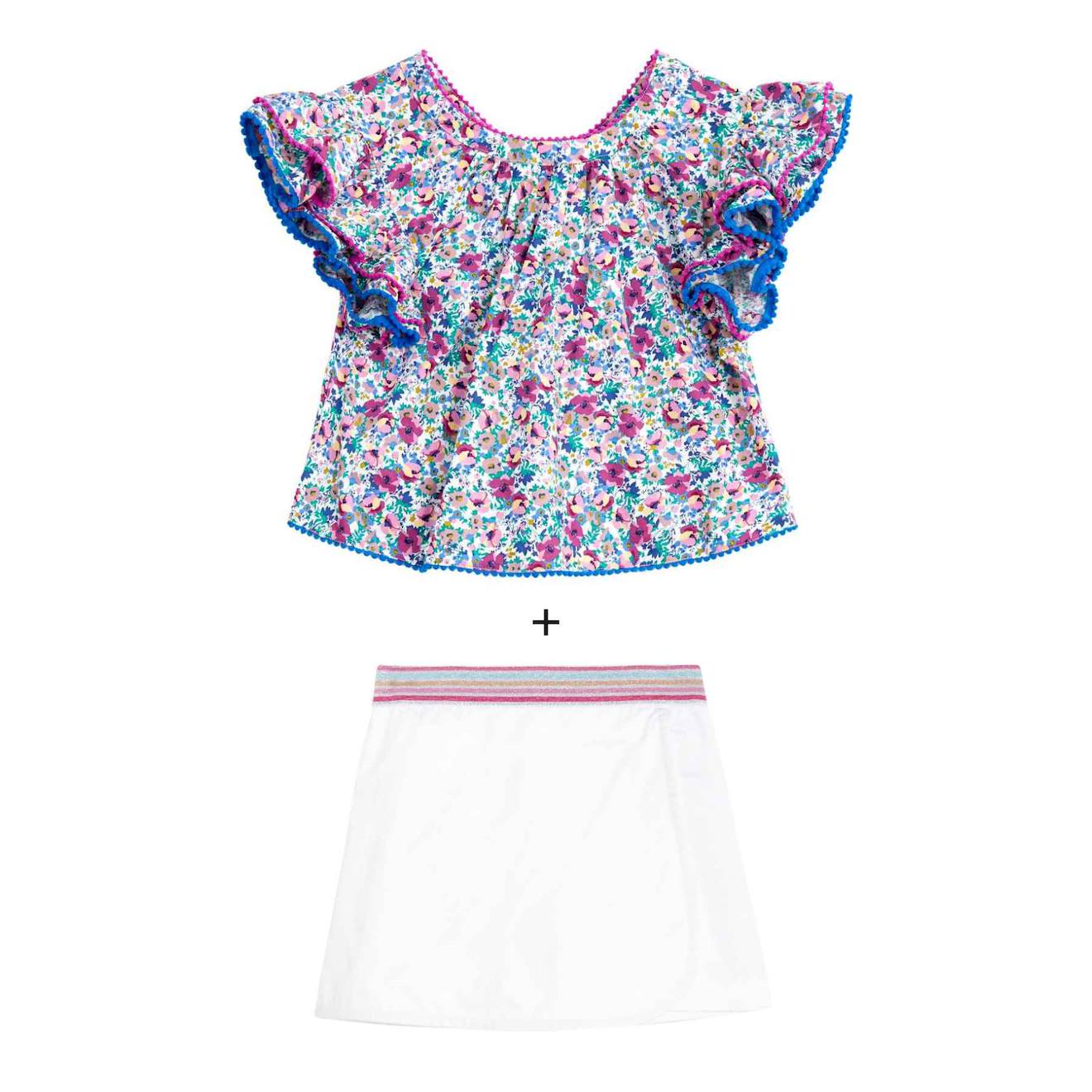 Ensemble Été Blouse Fleurie & Jupe Short Violet Bleu Blanc Ensemble Été Blouse Fleurie & Jupe Short Violet Bleu Blanc