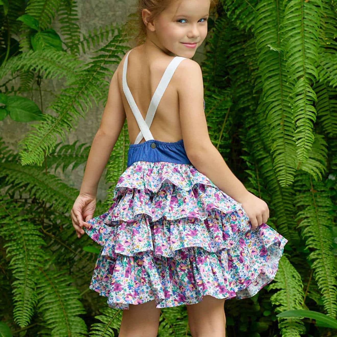 Robe Salopette Liberty À Volants Et Bretelles Gigi Bleu Demim Violet