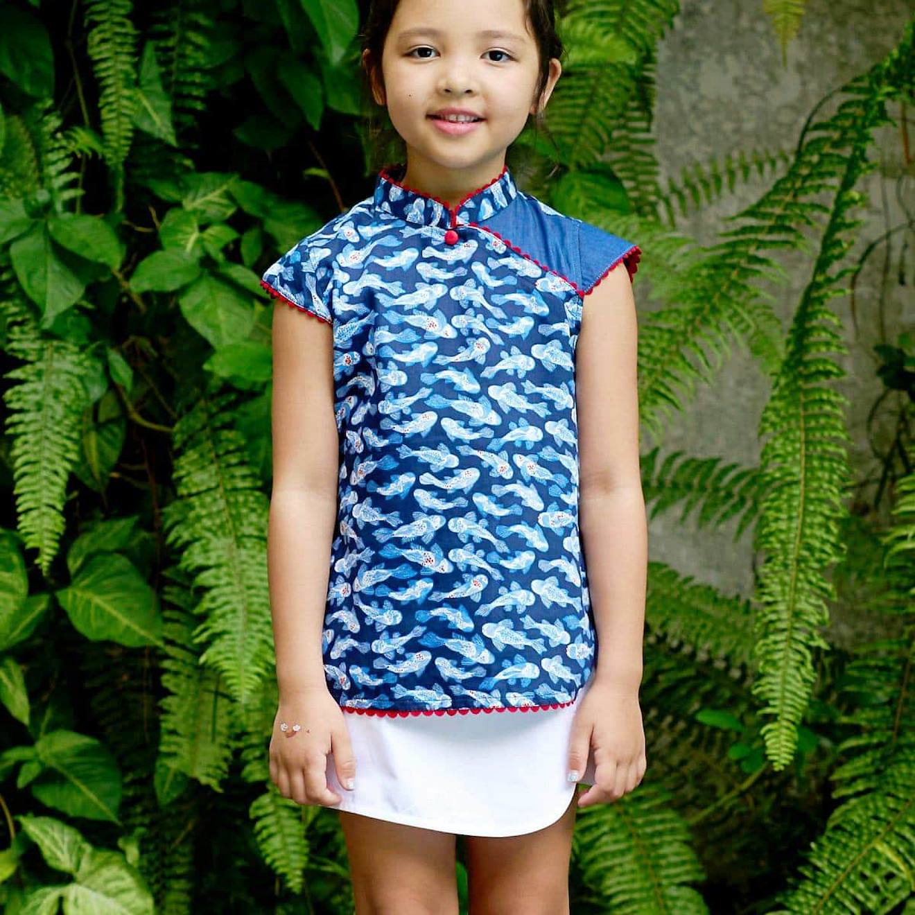 Blouse Chinoise Imprimé Poissons Koi Annam Bleu Rouge