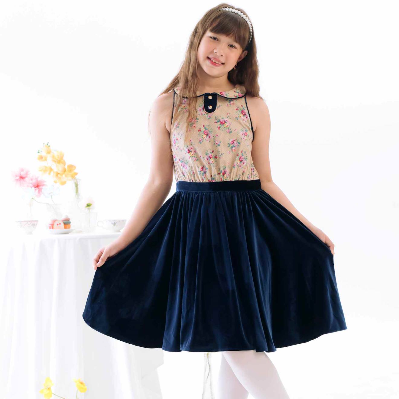 Robe Velours Fleuri Hepburn Bleu Marine Beige Fleuri