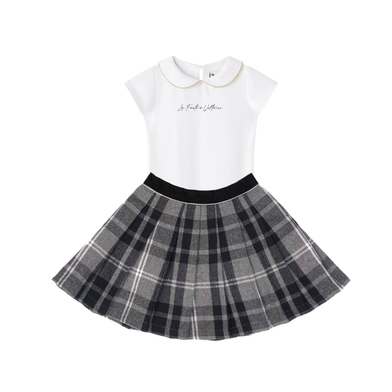 Ensemble Jupe Plissée Tartan + T-shirt London Gris Anthracite Blanc