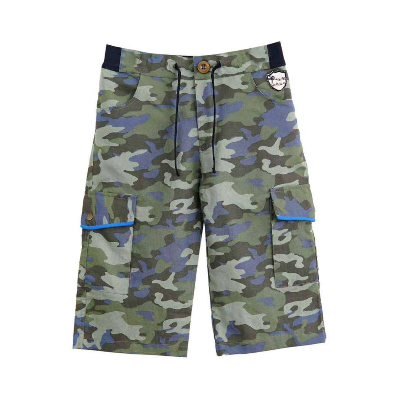 Bermuda Camouflage En Lin Avec Poches Cargo Arcachon Kaki Bleu Ciel