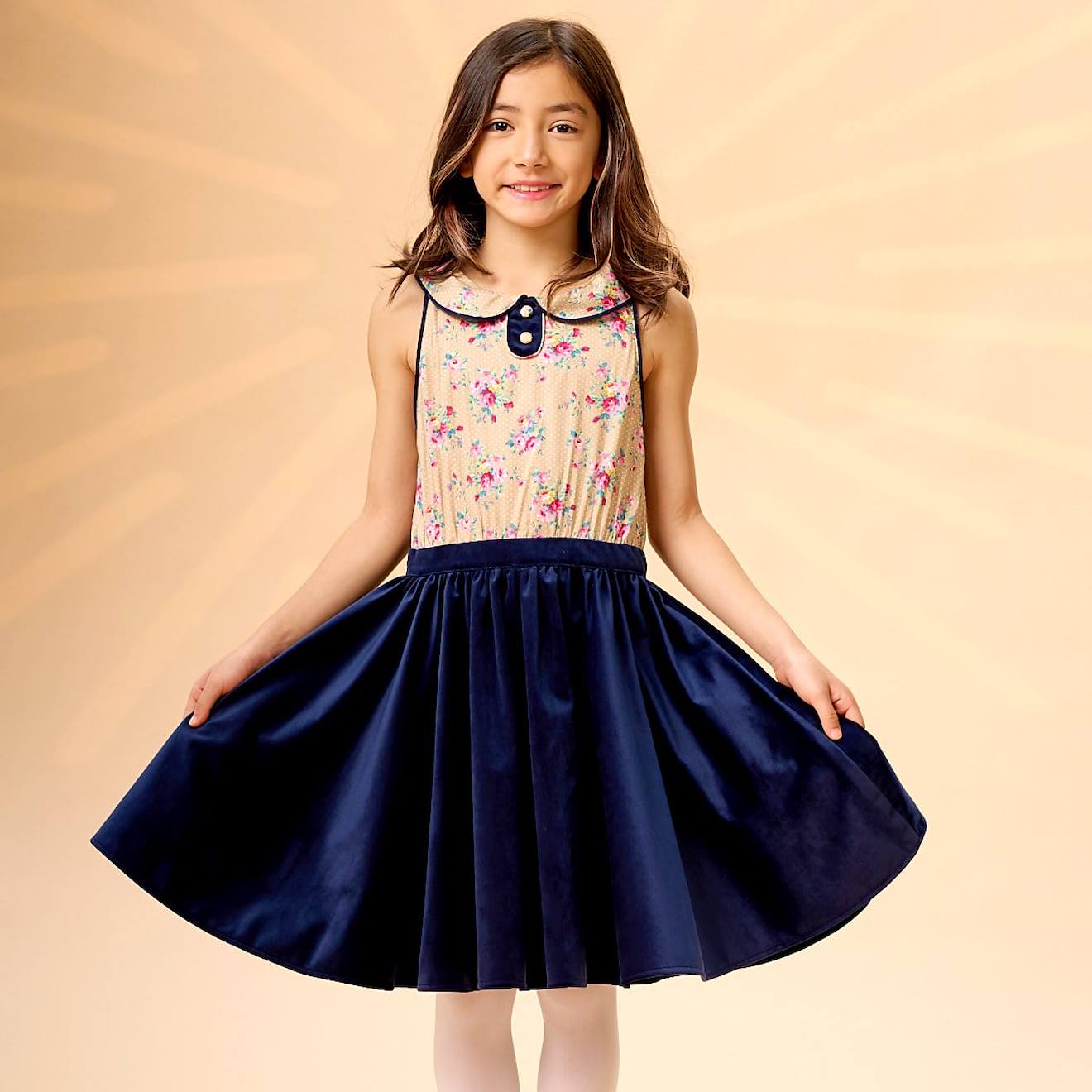 Robe Qui Tourne Velours Fleuri Hepburn Bleu Marine Beige Rose