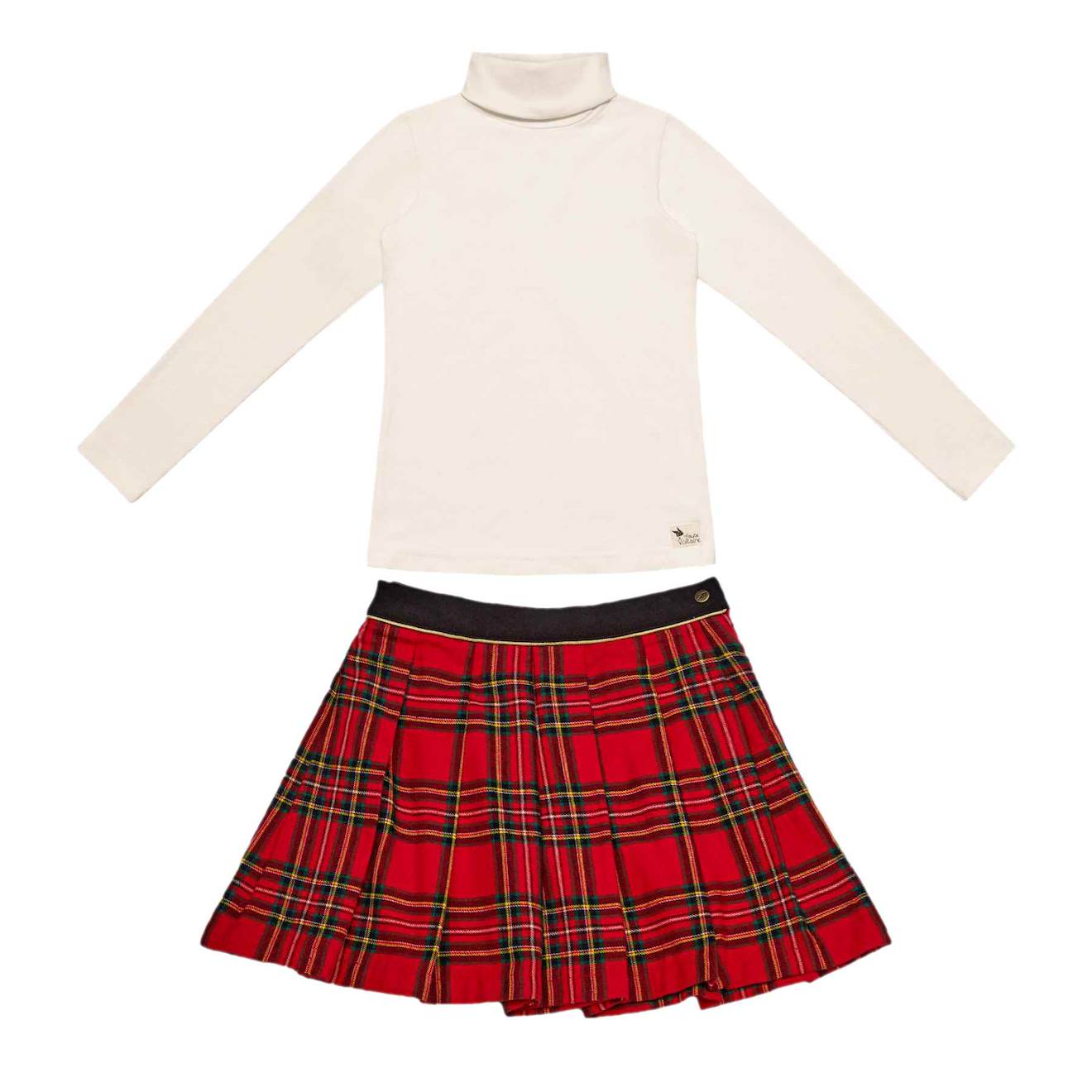 Ensemble Jupe Plissée Tartan & Col Roulé Rouge Beige