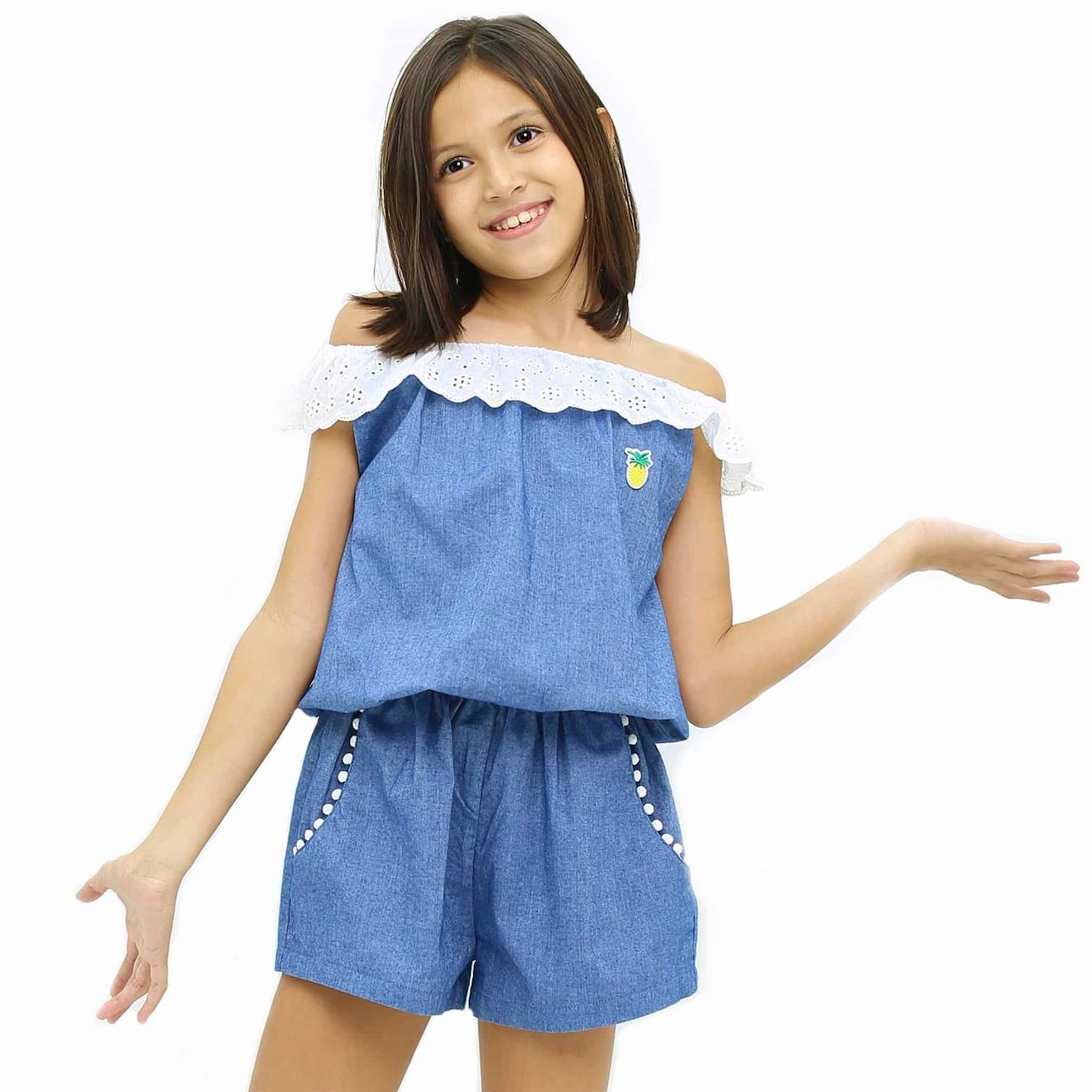 Combi-short Été À Col Élastique Dentelle Lolita Bleu