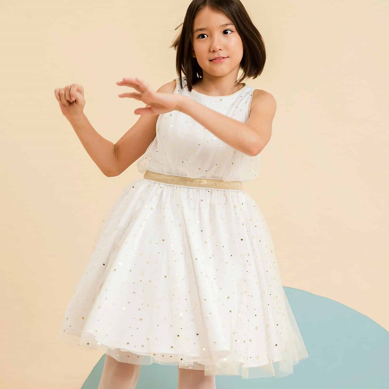 Robe De Soirée En Tulle & Paillettes Hepburn Blanche Or