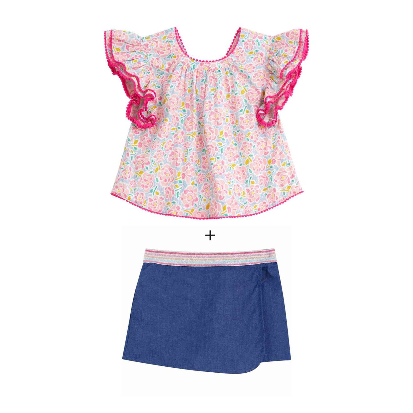 Ensemble Été Blouse & Jupe Short Rose Bleu