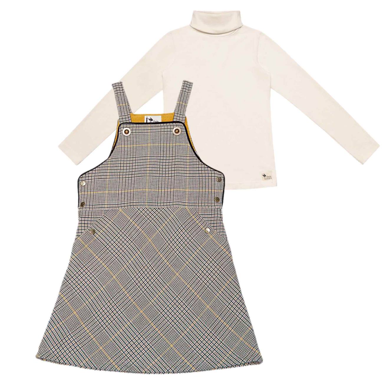 Ensemble Robe Salopette Tartan & Pull Col Roulé Marron Beige