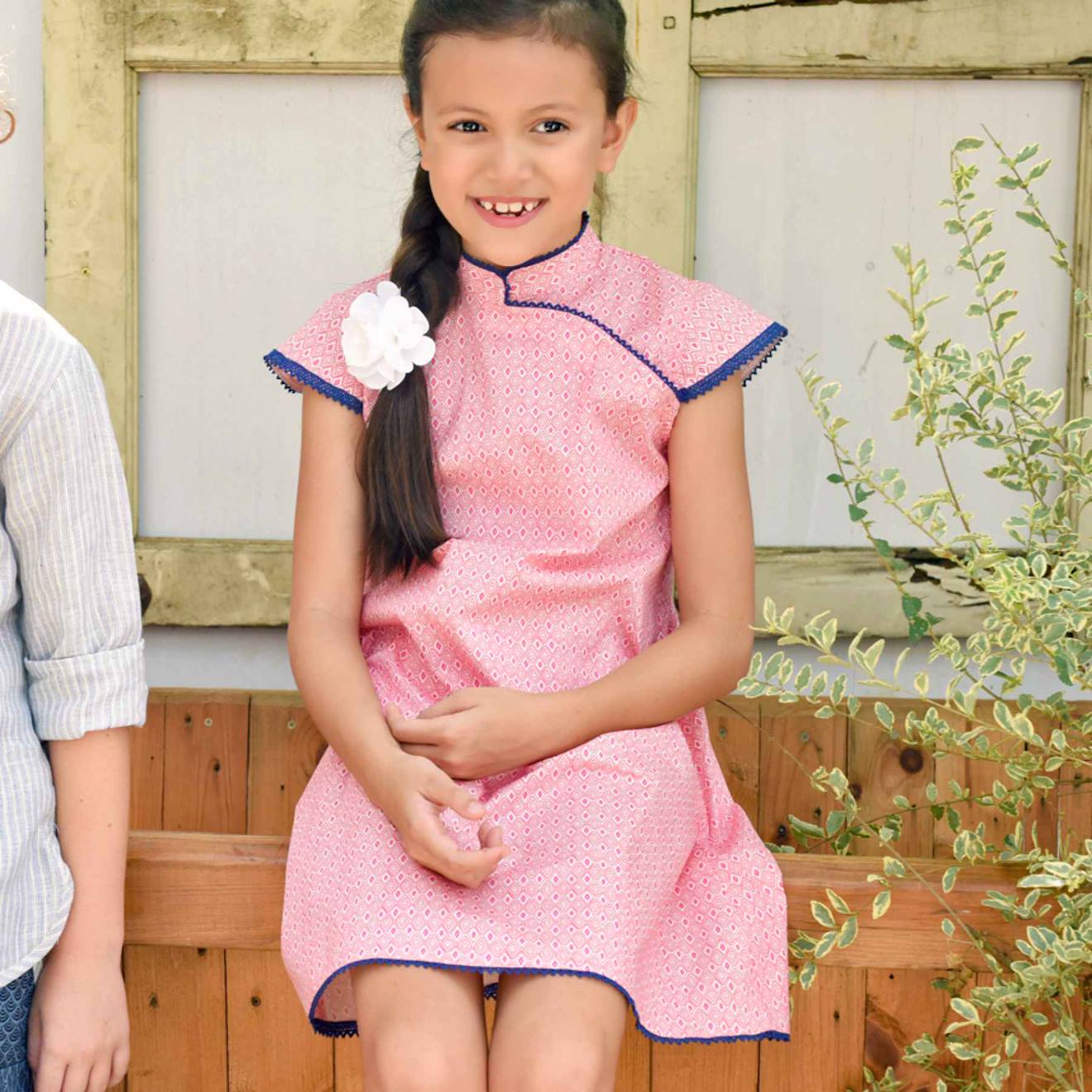 Robe Chinoise À Col Mao Annam Rose Foncé Bleu Marine