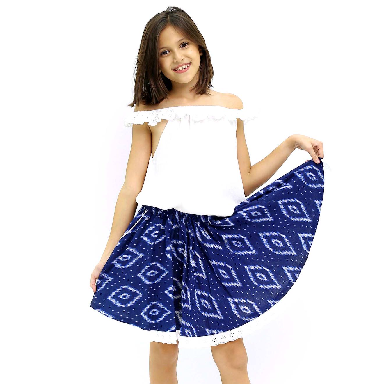Jupe Qui Tourne Tie-and-dye Cancan Bleu Marine Blanc Jupe Qui Tourne Tie-and-dye Cancan Bleu Marine Blanc