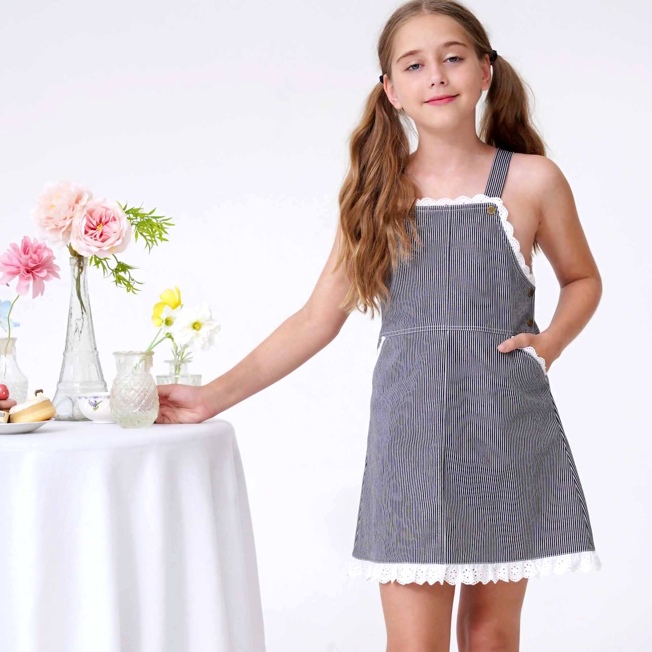 Robe Salopette Jean Rayée Lola Bleu Marine Blanc