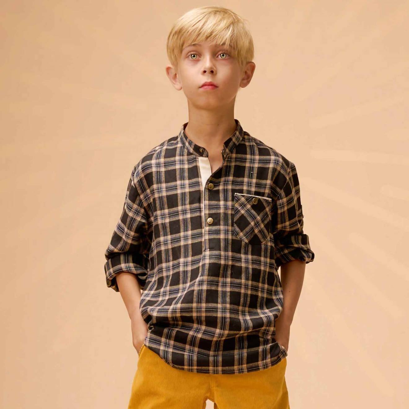 Chemise Carreaux Tartan Et Col Mao Rimbaud Marron Noir Beige
