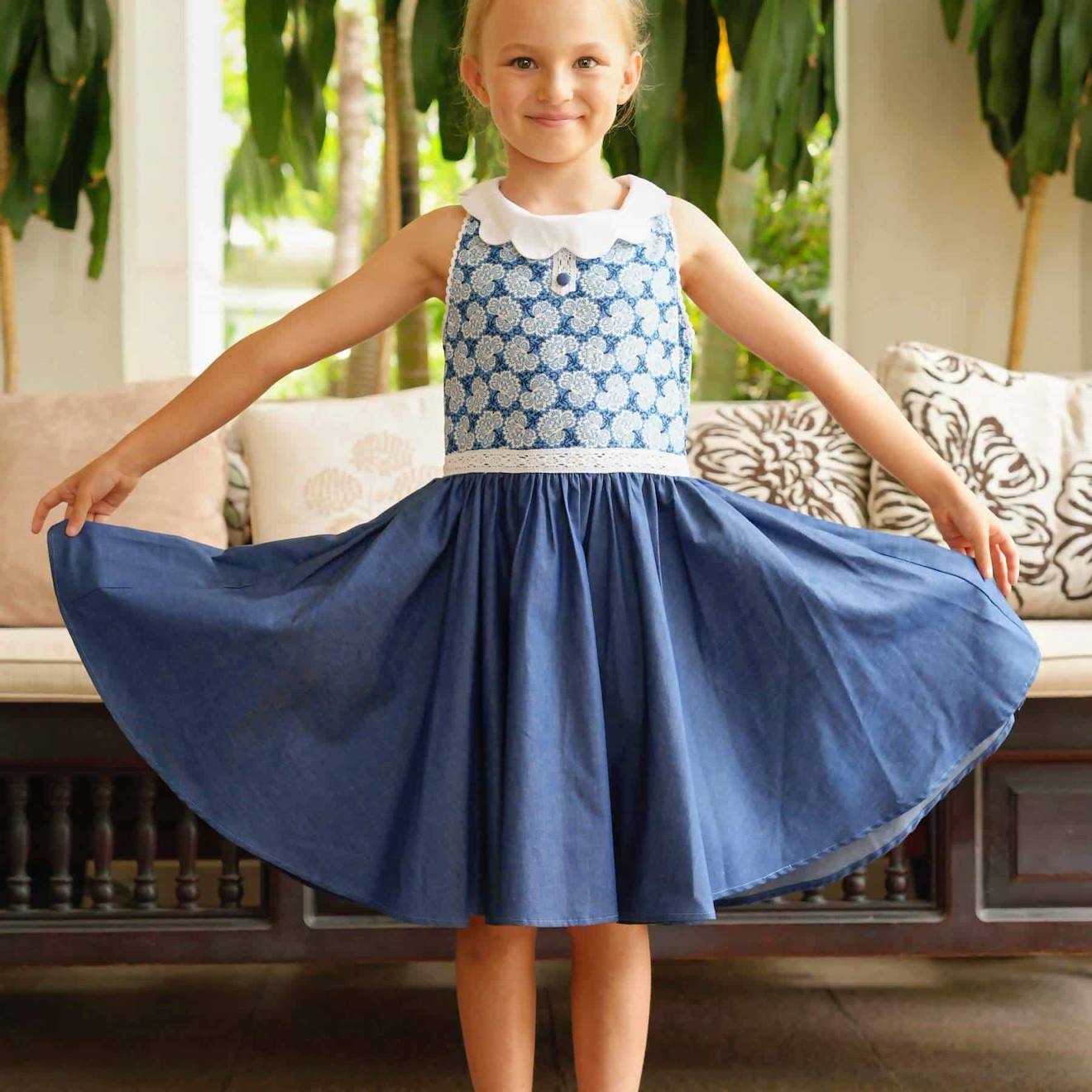 Robe Cérémonie Qui Tourne Fleurie Hepburn Bleu Denim Bleu Roi