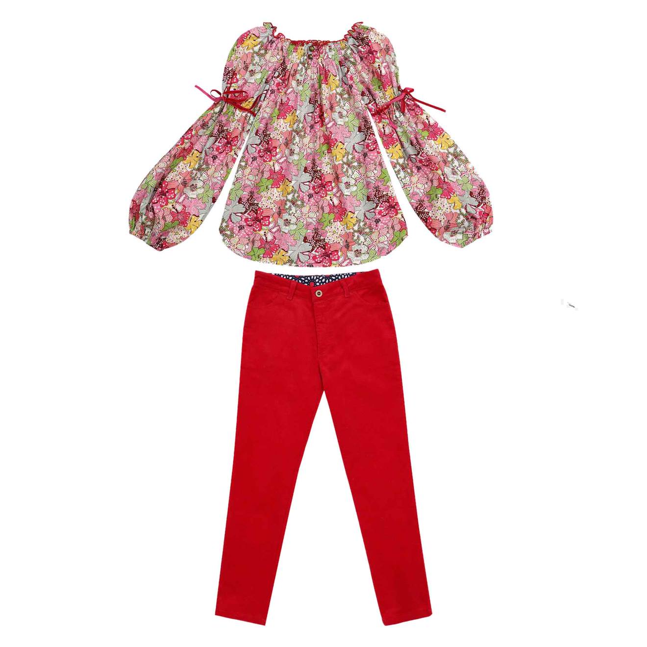 Ensemble Pantalon Velours & Blouse Fleurie Rouge