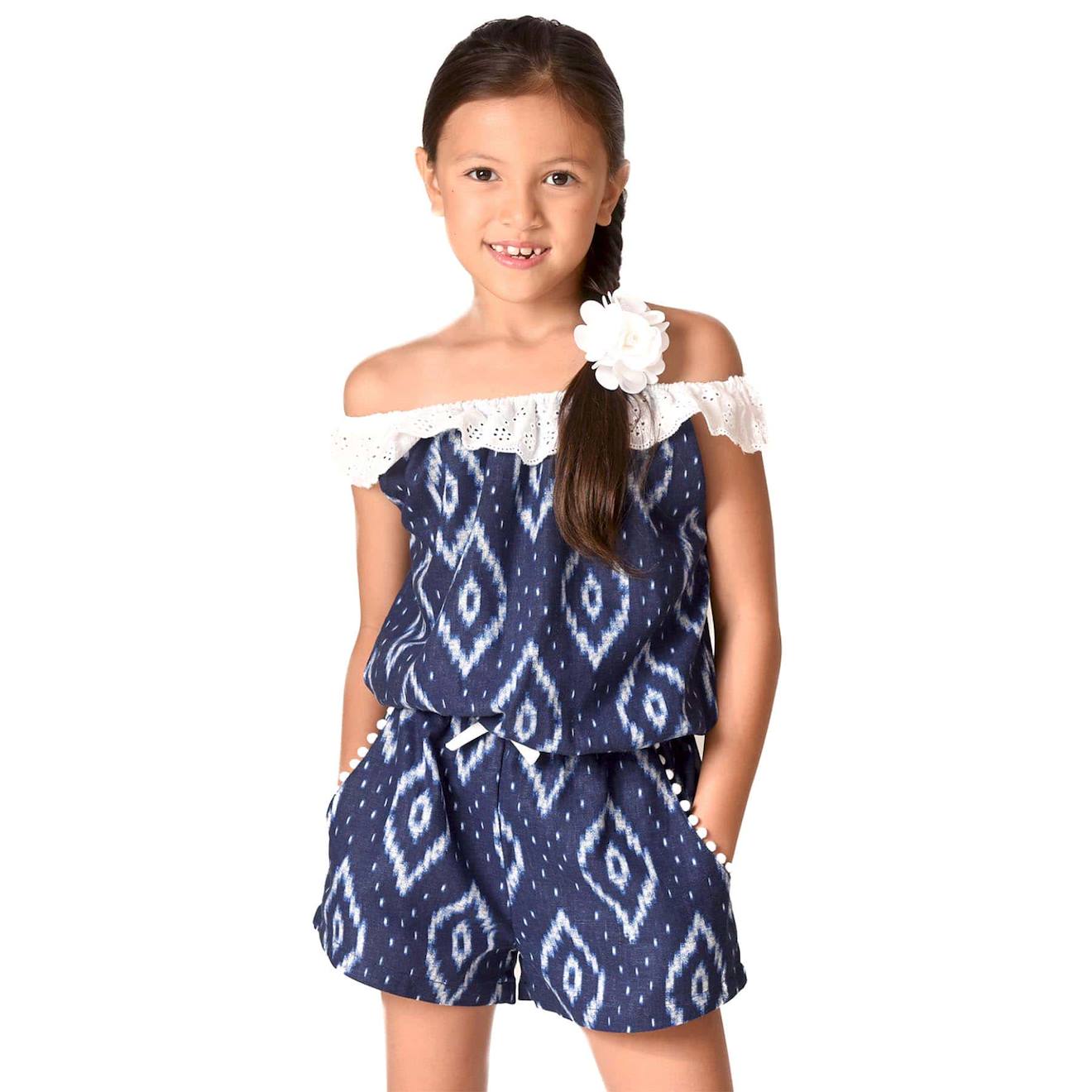 Combishort À Col Élastique Lolita Bleu Marine Blanc