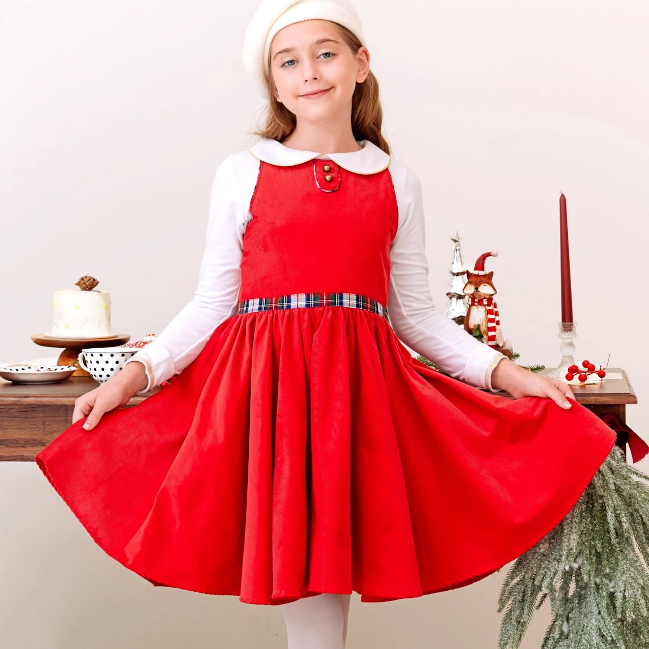 Robe Qui Tourne Velours Hepburn Rouge Tartan Vert