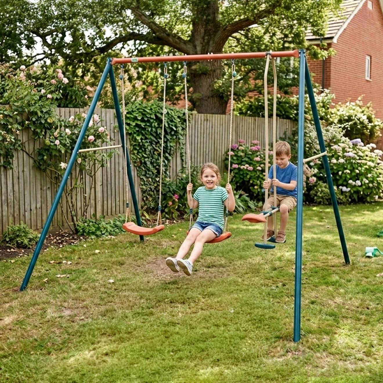 Portique Métal 2,20 M Axion Teo - 4 Enfants Bleu/corail