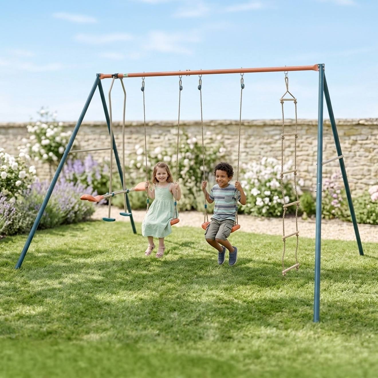 Portique Balançoire Métal 2,20 M Axion Maho - 5 Enfants Bleu/corail