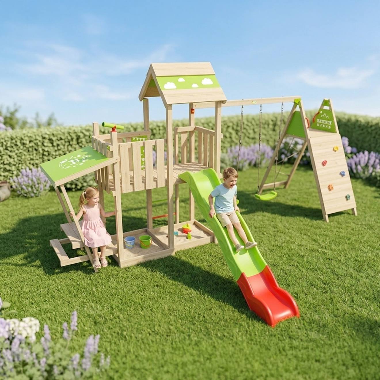 Aire De Jeux Avec Toboggan 2,20 M Zesty Xpression Xl - 14 Enfants Bois
