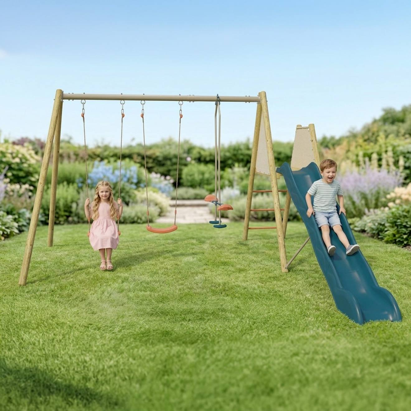 Portique Balançoire Avec Toboggan Et Face À Face – Romy Pour Enfants Bleu