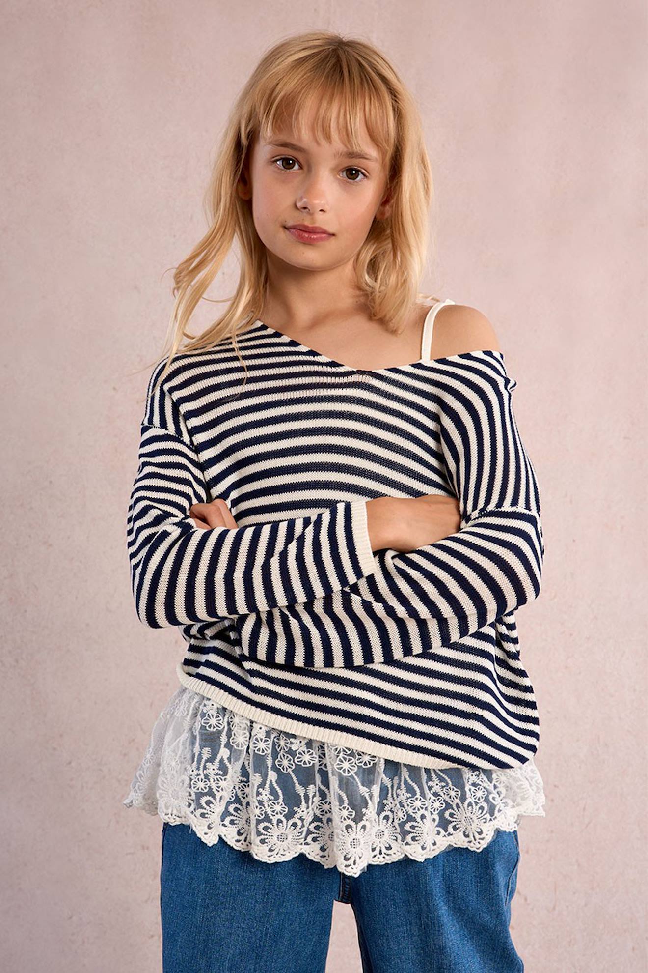 Pull En Maille Rayé Offwhite/navy Blue