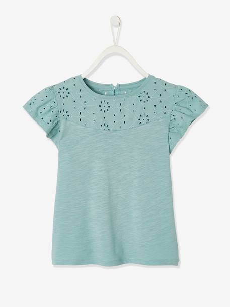 T-shirt fille avec détails broderie anglaise blanc+bleu marine+corail+fuchsia+mauve+vert pâle 21 - vertbaudet enfant 