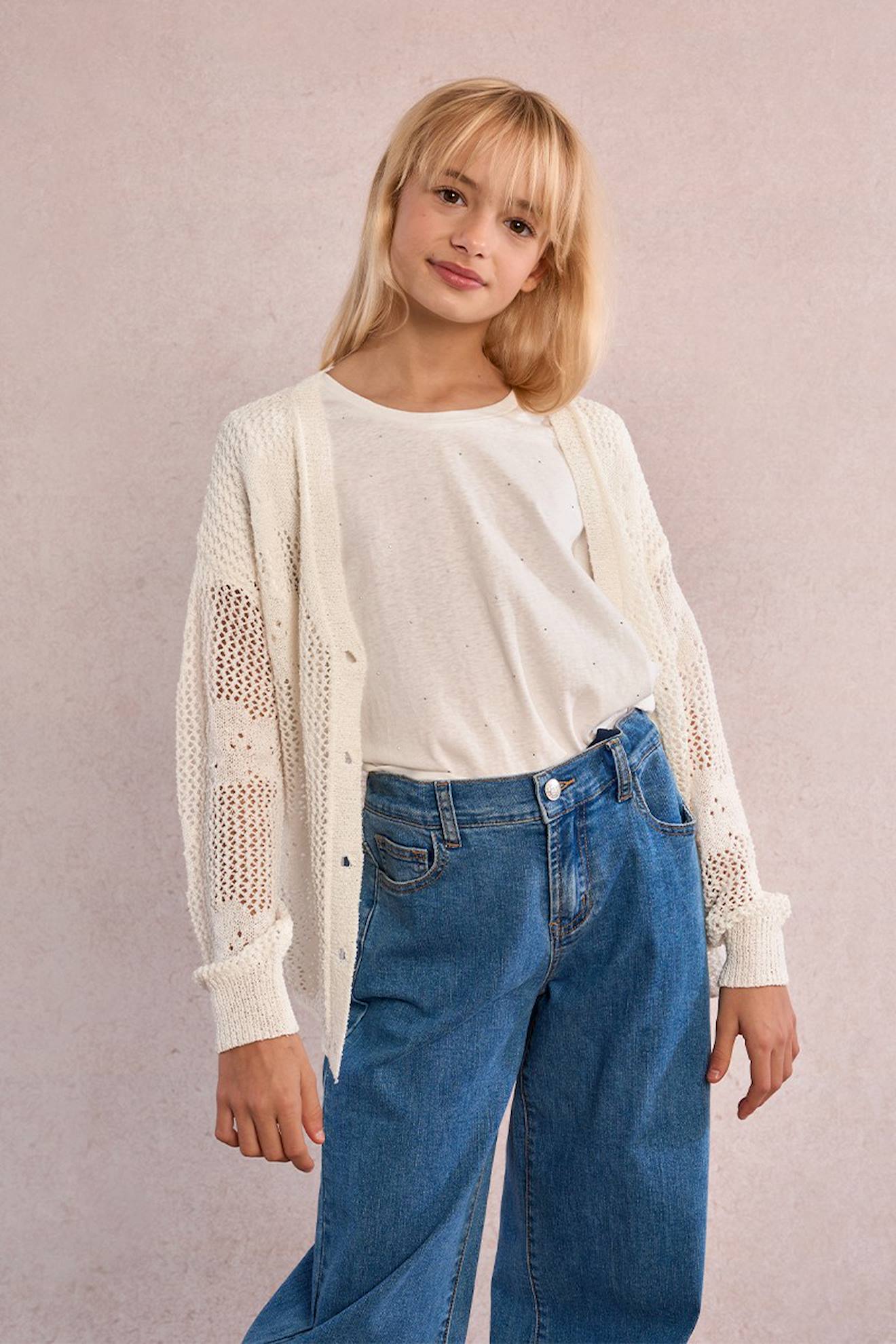 Gilet En Maille Ajourée, Motif Fleur Blanc