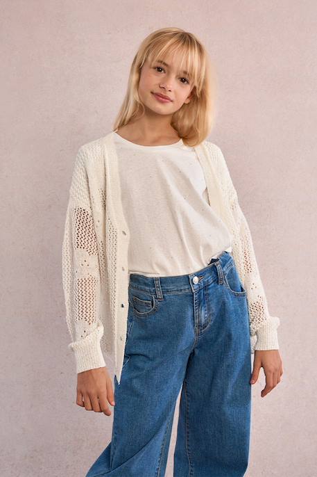 Fille-Pull, gilet, sweat-Gilet en maille ajourée, motif fleur