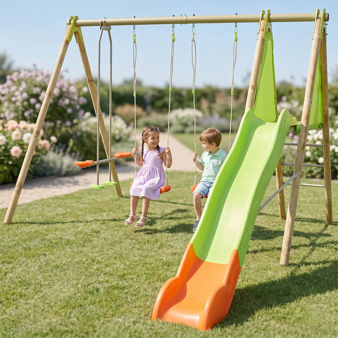 Portique Balançoire Techwood Optima 2,30 M Avec Toboggan Pour Enfants Bois