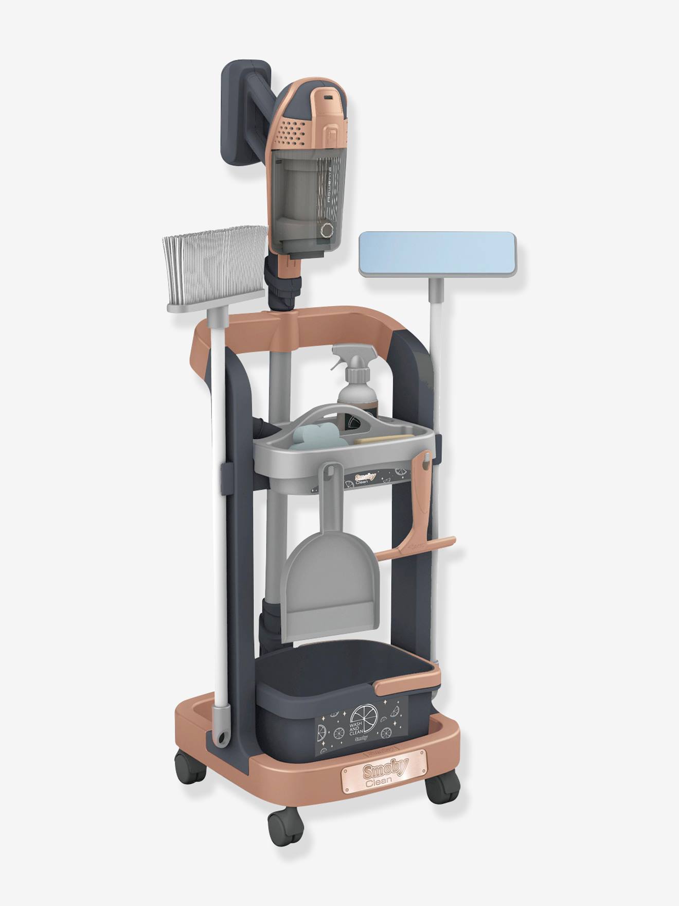 Chariot ménage avec aspirateur balai gris